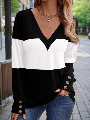 Women's Shirts V Neck Long Sleeve Tops Color Block T-Shirts Casual Tunics Fashion Basic Tees in Saudi Arabia