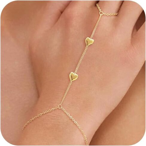 NECOCY Hand Chain Bracelet for Women Trendy, Dainty 14K Gold Plated/Silver Plated Ring Bracelet Stack Simple Cross Pearl Beaded Heart Adjustable Finger Ring Hand Chain Jewelry Gift Christmas Daily in Saudi Arabia