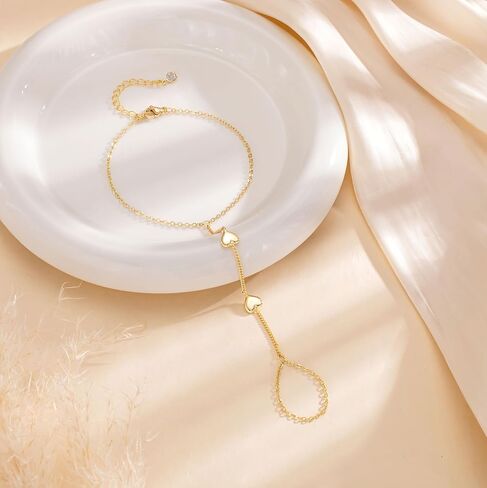 NECOCY Hand Chain Bracelet for Women Trendy, Dainty 14K Gold Plated/Silver Plated Ring Bracelet Stack Simple Cross Pearl Beaded Heart Adjustable Finger Ring Hand Chain Jewelry Gift Christmas Daily in Saudi Arabia