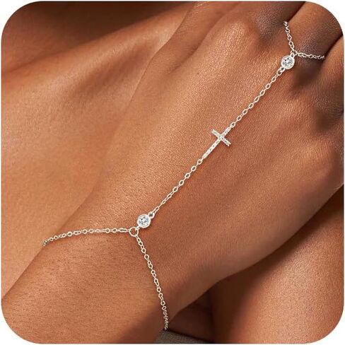 NECOCY Hand Chain Bracelet for Women Trendy, Dainty 14K Gold Plated/Silver Plated Ring Bracelet Stack Simple Cross Pearl Beaded Heart Adjustable Finger Ring Hand Chain Jewelry Gift Christmas Daily in Saudi Arabia