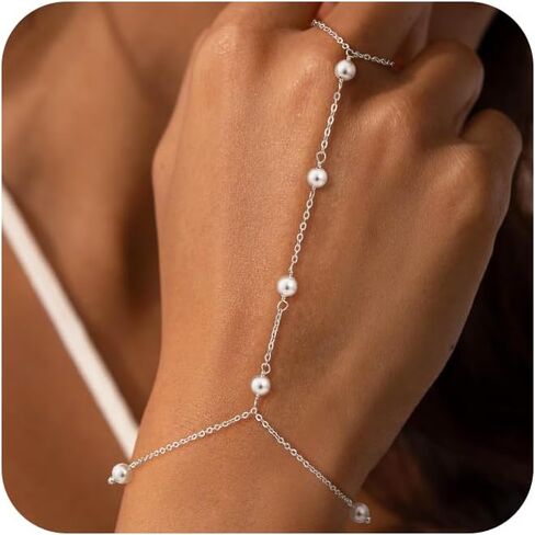 NECOCY Hand Chain Bracelet for Women Trendy, Dainty 14K Gold Plated/Silver Plated Ring Bracelet Stack Simple Cross Pearl Beaded Heart Adjustable Finger Ring Hand Chain Jewelry Gift Christmas Daily in Saudi Arabia