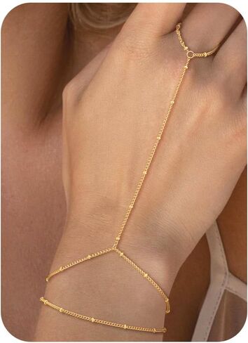 NECOCY Hand Chain Bracelet for Women Trendy, Dainty 14K Gold Plated/Silver Plated Ring Bracelet Stack Simple Cross Pearl Beaded Heart Adjustable Finger Ring Hand Chain Jewelry Gift Christmas Daily in Saudi Arabia