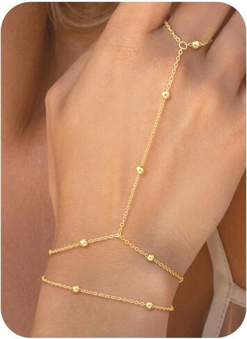 NECOCY Hand Chain Bracelet for Women Trendy, Dainty 14K Gold Plated/Silver Plated Ring Bracelet Stack Simple Cross Pearl Beaded Heart Adjustable Finger Ring Hand Chain Jewelry Gift Christmas Daily in Saudi Arabia