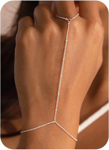 NECOCY Hand Chain Bracelet for Women Trendy, Dainty 14K Gold Plated/Silver Plated Ring Bracelet Stack Simple Cross Pearl Beaded Heart Adjustable Finger Ring Hand Chain Jewelry Gift Christmas Daily in Saudi Arabia