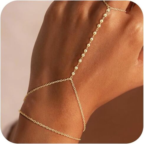 NECOCY Hand Chain Bracelet for Women Trendy, Dainty 14K Gold Plated/Silver Plated Ring Bracelet Stack Simple Cross Pearl Beaded Heart Adjustable Finger Ring Hand Chain Jewelry Gift Christmas Daily in Saudi Arabia