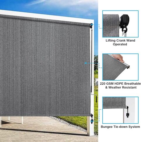 مظلات أماجينيكس الخارجية الدوارة، 220GSM HDPE خارجية بدون أسلاك للفناء، ستائر خارجية قابلة للطي لشرفة الشرفة 10 بوصة (عرض) × 8 بوصة (ارتفاع)، تصميم أعمدة مقسمة، رمادي in Kuwait