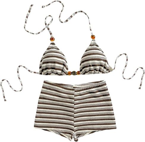 Women's 2 Piece Bikini Sets Y2K Striped Triangle Boyshorts Bikini High Waisted Bathing Suit String Cheeky Swimsuits in Saudi Arabia