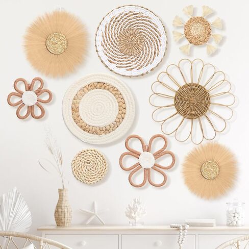 Chunful 9 Pcs Boho Nursery Wall Decor Daisy Flower Woven Macrame Seagrass Rattan Basket Wall Hanging Bohemian Decorations Gifts for Home Dorm Art Farmhouse Bedrooms Living Room(White Pink) in Saudi Arabia