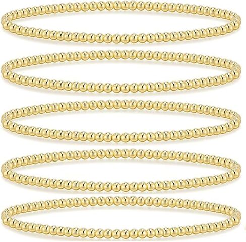 Gold Bracelet for Women Waterproof 14K Gold Plated Gold Bead Ball Bracelet Trendy Stretchable Elastic Hypoallergenic Bohemian Stackable Bracelet Stack Jewelry (4mm/5p) in Saudi Arabia