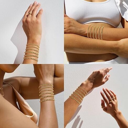 Gold Bracelet for Women Waterproof 14K Gold Plated Gold Bead Ball Bracelet Trendy Stretchable Elastic Hypoallergenic Bohemian Stackable Bracelet Stack Jewelry (4mm/5p) in Saudi Arabia