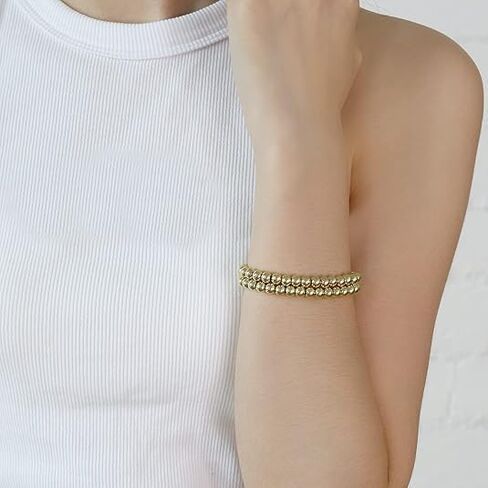 Gold Bracelet for Women Waterproof 14K Gold Plated Gold Bead Ball Bracelet Trendy Stretchable Elastic Hypoallergenic Bohemian Stackable Bracelet Stack Jewelry (4mm/5p) in Saudi Arabia