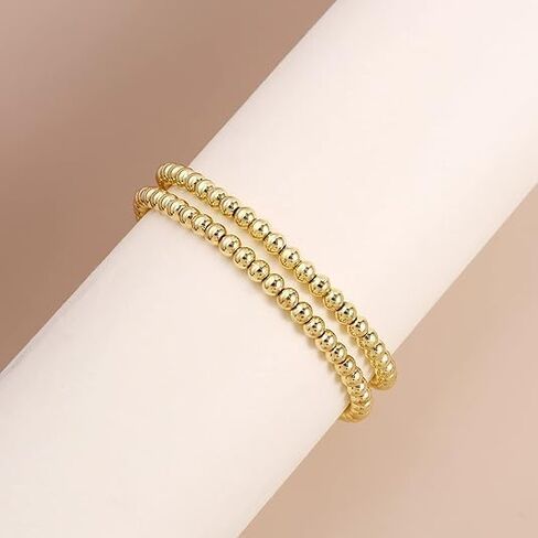 Gold Bracelet for Women Waterproof 14K Gold Plated Gold Bead Ball Bracelet Trendy Stretchable Elastic Hypoallergenic Bohemian Stackable Bracelet Stack Jewelry (4mm/5p) in Saudi Arabia