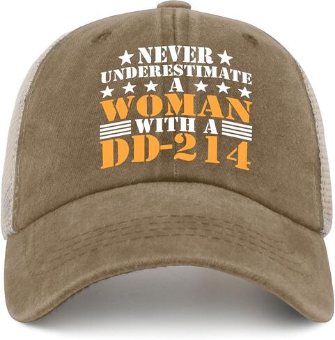 Never Underestimate A Woman with A Dd-214 Hat Women Cap Mens Trucker Hats Gifts for Daughter Hiking Hats in Saudi Arabia