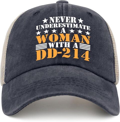 Never Underestimate A Woman with A Dd-214 Hat Women Cap Mens Trucker Hats Gifts for Daughter Hiking Hats in Saudi Arabia