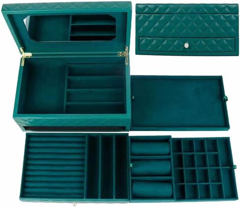 Wooden Extra Large Jewelry Box Organizer Luxurious Faux-Leather with Drawer Trays Mirror Earrings Necklace Ring Rests for Women(Black) in Saudi Arabia