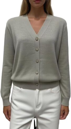 Women's V-Neck Pure Merino Wool Solid Open Front Button Classic Style Cardigan Sweater in Saudi Arabia