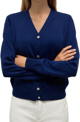 Women's V-Neck Pure Merino Wool Solid Open Front Button Classic Style Cardigan Sweater in Saudi Arabia
