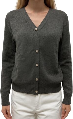 Women's V-Neck Pure Merino Wool Solid Open Front Button Classic Style Cardigan Sweater in Saudi Arabia