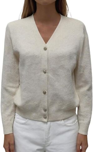 Women's V-Neck Pure Merino Wool Solid Open Front Button Classic Style Cardigan Sweater in Saudi Arabia