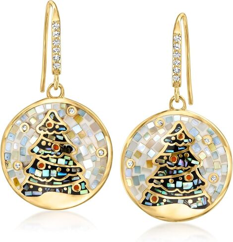 Ross-Simons 0.28 ct. t.w. Multi-Gemstone, Mother-Of-Pearl and Abalone Shell Mosaic Inlay Christmas Tree Drop Earrings With Enamel in 18kt Gold Over Sterling in Saudi Arabia