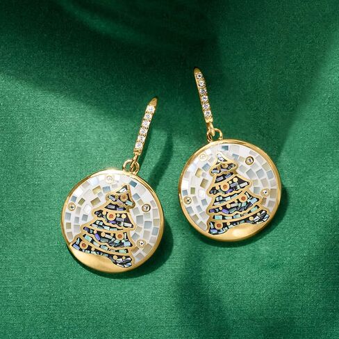 Ross-Simons 0.28 ct. t.w. Multi-Gemstone, Mother-Of-Pearl and Abalone Shell Mosaic Inlay Christmas Tree Drop Earrings With Enamel in 18kt Gold Over Sterling in Saudi Arabia