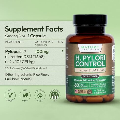 التحكم في H Pylori - مع Pylopass ™ - كبسولات Lactobacillus Reuteri DSM 17648-60 - 200 مليار CFU / g - يدعم القضاء على البكتيريا السيئة في المعدة والأمعاء - GMP - خالي من الإضافات in Saudi Arabia