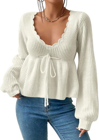 ZAFUL Women's Scallop Trim Deep V Neck Sweater Lantern Sleeve Tie Front Bow Peplum Knitwear Pullover Top in Saudi Arabia