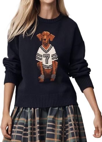 Dog Print Pullover Sweaters for Women Slouchy Crew Neck Long Sleeve Knit Tops Animal Graphic Fall Winter Sweater 2025 in Saudi Arabia