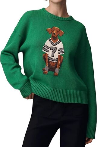 Dog Print Pullover Sweaters for Women Slouchy Crew Neck Long Sleeve Knit Tops Animal Graphic Fall Winter Sweater 2025 in Saudi Arabia