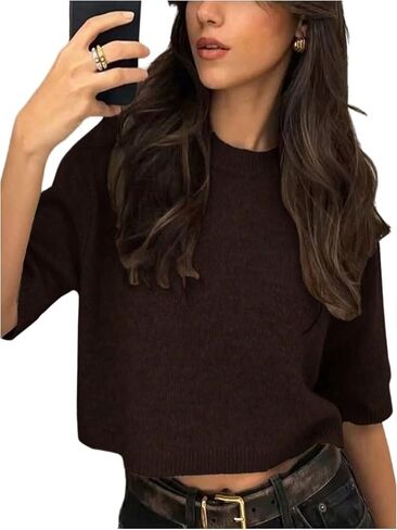 GORGLITTER Women's Short Sleeve Cropped Sweater Trendy Crew Neck Oversized Pullover Tops in Saudi Arabia