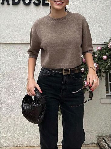 GORGLITTER Women's Short Sleeve Cropped Sweater Trendy Crew Neck Oversized Pullover Tops in Saudi Arabia