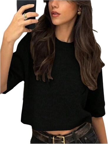 GORGLITTER Women's Short Sleeve Cropped Sweater Trendy Crew Neck Oversized Pullover Tops in Saudi Arabia
