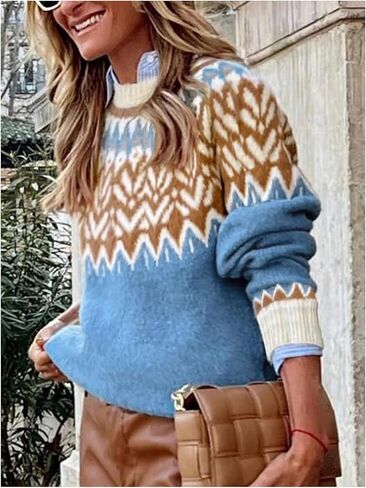 GORGLITTER Women's Color Block Cozy Cute Fall Sweaters Trendy Chevron Long Sleeve Turtleneck Chunky Cable Knit Sweater in Saudi Arabia