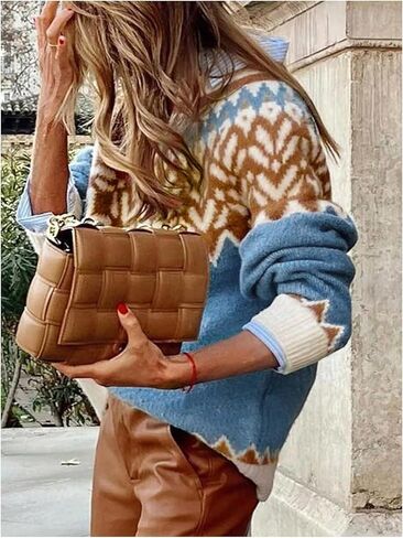 GORGLITTER Women's Color Block Cozy Cute Fall Sweaters Trendy Chevron Long Sleeve Turtleneck Chunky Cable Knit Sweater in Saudi Arabia
