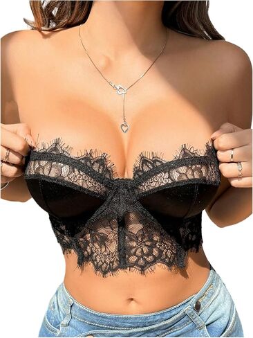OYOANGLE Women's Lace Tube Top Strapless Bandeau Bra Non Padded Party Bandeau Bralette in Saudi Arabia