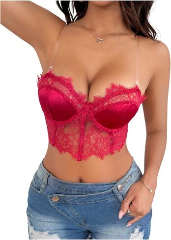 OYOANGLE Women's Lace Tube Top Strapless Bandeau Bra Non Padded Party Bandeau Bralette in Saudi Arabia