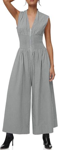 Cicy Bell Womens V Neck Casual Dressy Jumpsuits Smocked Zip Up Sleeveless Wide Leg Jumpsuit Summer Teacher Work Outfit in Saudi Arabia