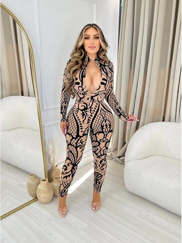 ksotutm Long Sleeve Jumpsuits for Women Fall Printed Bodysuit Sexy Deep V Neck Rompers in Saudi Arabia