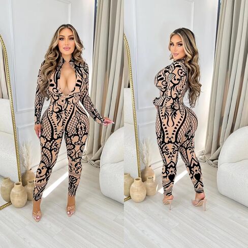 ksotutm Long Sleeve Jumpsuits for Women Fall Printed Bodysuit Sexy Deep V Neck Rompers in Saudi Arabia