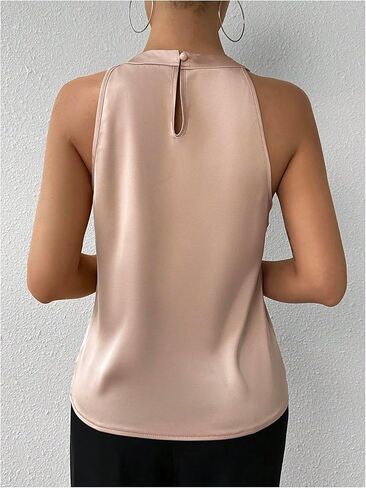 SweatyRocks المرأة مطوي الرسن أكمام الساتان بلوزة ثقب المفتاح الخلفي تانك الأعلى in Kuwait
