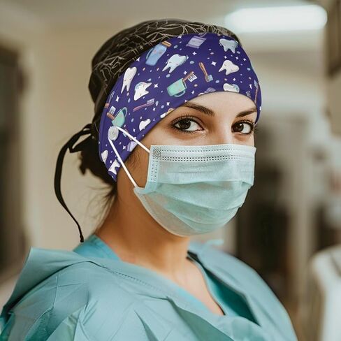 قبعات تنظيف الأسنان من Rnyleeg مع أزرار غير قابلة للانزلاق وقناع طباعة الأسنان للنساء والرجال وحامل حماية الأذن وأغطية رأس واسعة للعمل in Kuwait