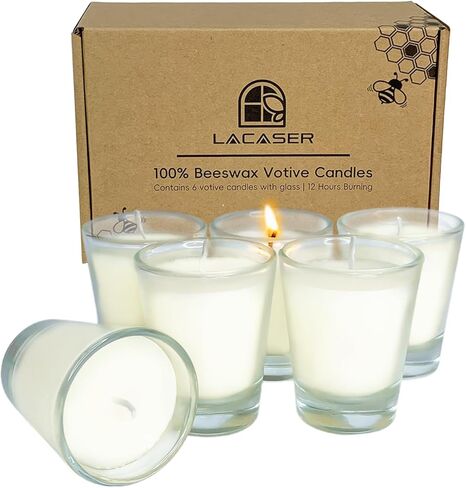 Pure Beeswax Votive Candles in Glass Cup, 6 Pack Bulk Bees Wax Candles for Home, Natural Honey Scent, Bee Themed Gifts for Bee Lovers, Burning Time 12 Hours, Natural Yellow in Saudi Arabia