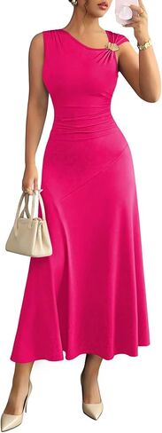 فستان Bodycon أنيق بدون أكمام من Pink Queen للنساء بياقة دائرية وخصر عالٍ مكشكش معدني لحفلات الكوكتيل in Kuwait