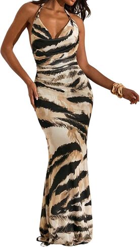 GORGLITTER Women's Animal Print Backless Halter Cocktail Maxi Dresses Cowl Neck Summer Vacation Going Out Long Dresses in Saudi Arabia