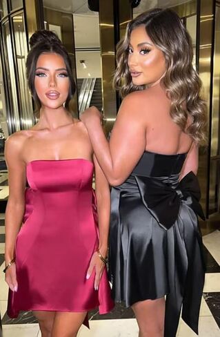 Satin Homecoming Dressse for Teens with Pockets Strapless Prom Cocktail Mini Party Dress with Bow on Back PUS063 in Saudi Arabia
