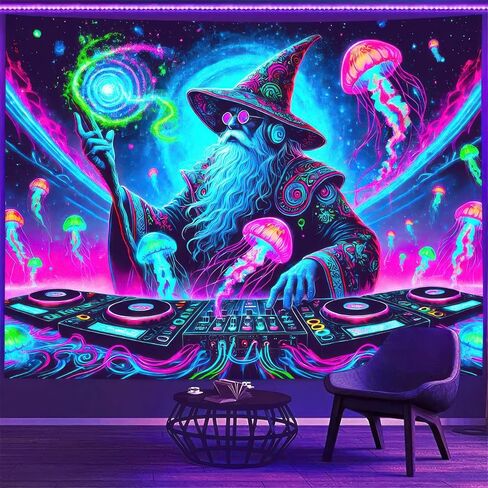 BlissYard Wizard Blacklight DJ Tapestry 78x59 بوصة الأشعة فوق البنفسجية التفاعلية ضوء أسود موسيقى يتوهج في الظلام ملصق جدار هيبي للأشعة فوق البنفسجية لتزيين غرفة النوم وغرفة المعيشة والأعمال الفنية وغرفة المنزل وخلفية الحفلات in Kuwait