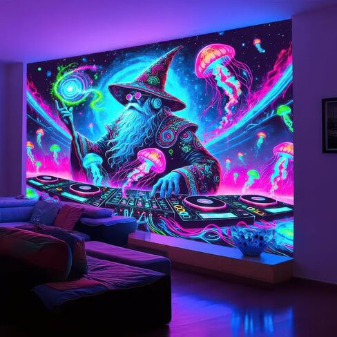 BlissYard Wizard Blacklight DJ Tapestry 78x59 بوصة الأشعة فوق البنفسجية التفاعلية ضوء أسود موسيقى يتوهج في الظلام ملصق جدار هيبي للأشعة فوق البنفسجية لتزيين غرفة النوم وغرفة المعيشة والأعمال الفنية وغرفة المنزل وخلفية الحفلات in Kuwait