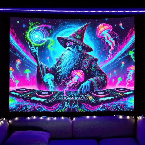 BlissYard Wizard Blacklight DJ Tapestry 78x59 بوصة الأشعة فوق البنفسجية التفاعلية ضوء أسود موسيقى يتوهج في الظلام ملصق جدار هيبي للأشعة فوق البنفسجية لتزيين غرفة النوم وغرفة المعيشة والأعمال الفنية وغرفة المنزل وخلفية الحفلات in Kuwait