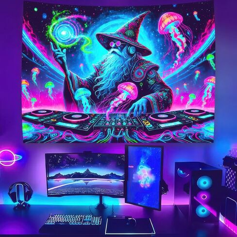 BlissYard Wizard Blacklight DJ Tapestry 78x59 بوصة الأشعة فوق البنفسجية التفاعلية ضوء أسود موسيقى يتوهج في الظلام ملصق جدار هيبي للأشعة فوق البنفسجية لتزيين غرفة النوم وغرفة المعيشة والأعمال الفنية وغرفة المنزل وخلفية الحفلات in Kuwait