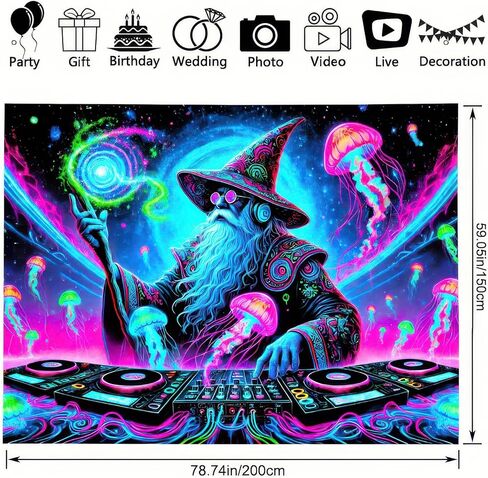 BlissYard Wizard Blacklight DJ Tapestry 78x59 بوصة الأشعة فوق البنفسجية التفاعلية ضوء أسود موسيقى يتوهج في الظلام ملصق جدار هيبي للأشعة فوق البنفسجية لتزيين غرفة النوم وغرفة المعيشة والأعمال الفنية وغرفة المنزل وخلفية الحفلات in Kuwait
